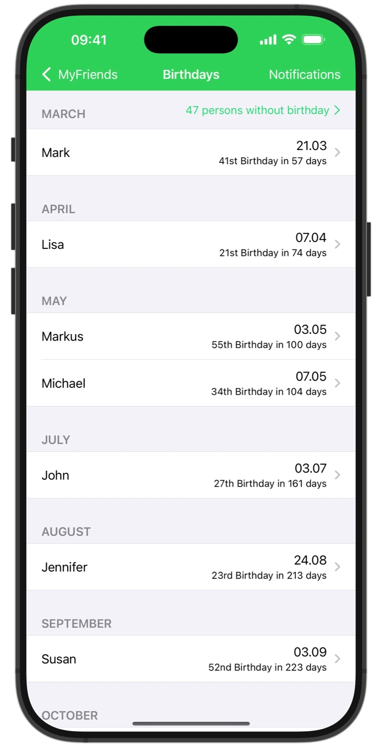 screenshot myfriends app birthday notifications