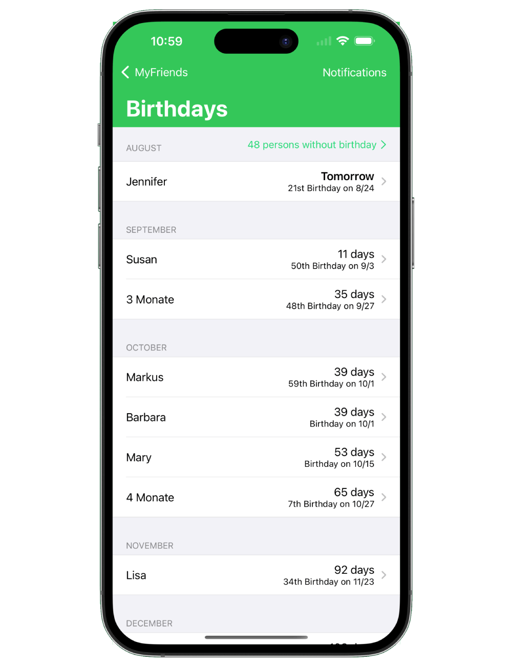 Screenshot myfriends app birthdays